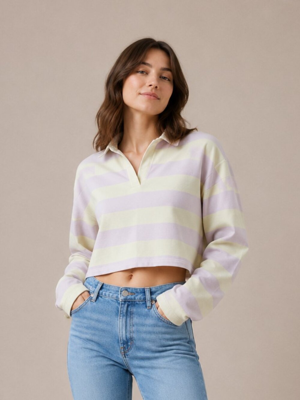 Workshop Republic Clothing Pastel Yellow and Pink Striped Long-Sleeve Polo